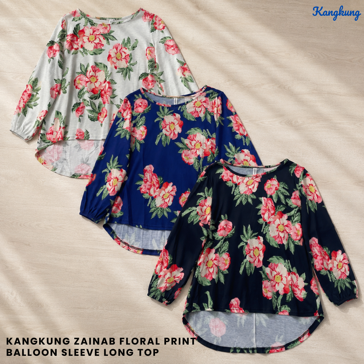 KANGKUNG ZAINAB FLORAL PRINT BALLOON SLEEVE LONG TOP - Q019