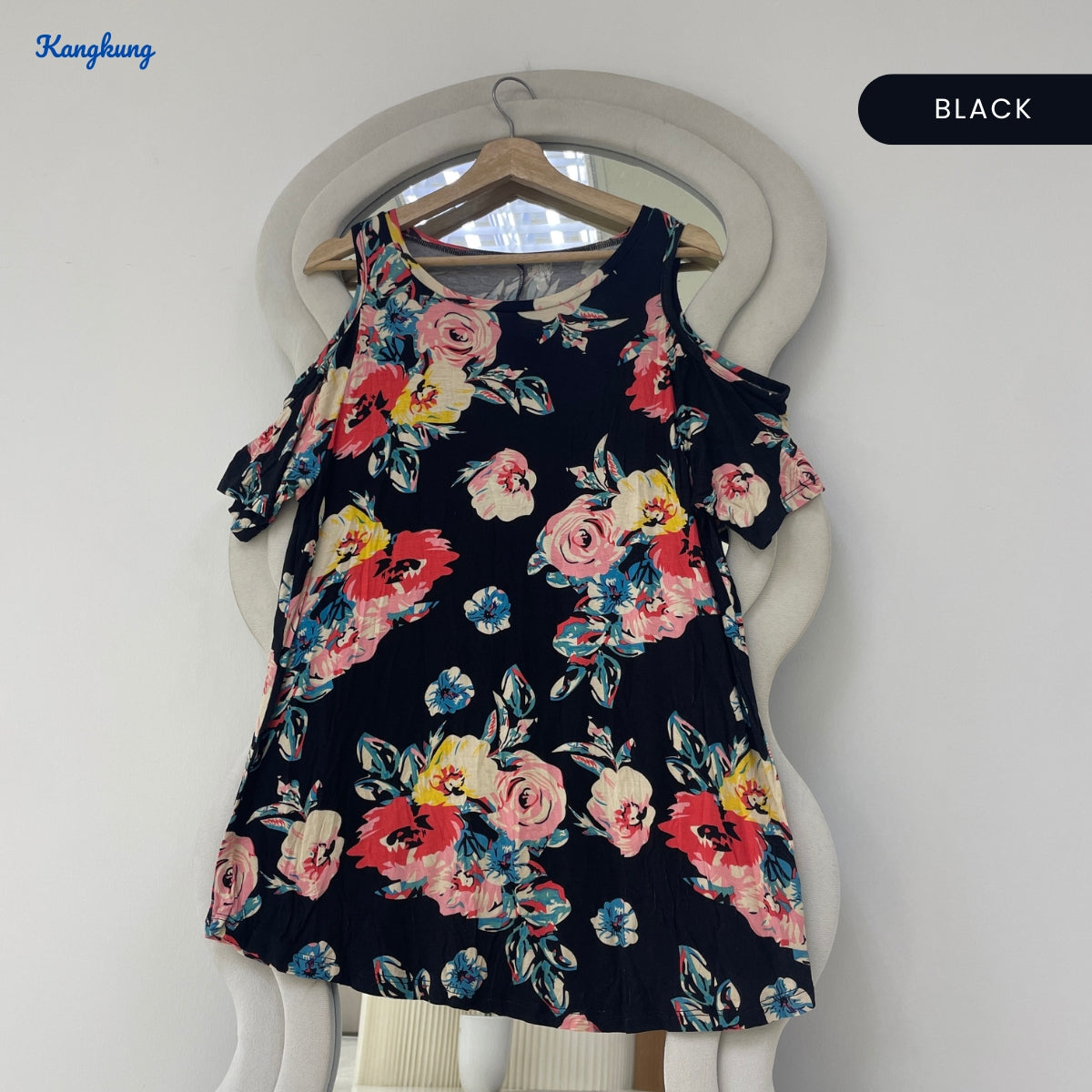 KANGKUNG ZAINAB BLACK FLORAL OFF SHOULDER SLEEVE TOP - Q019