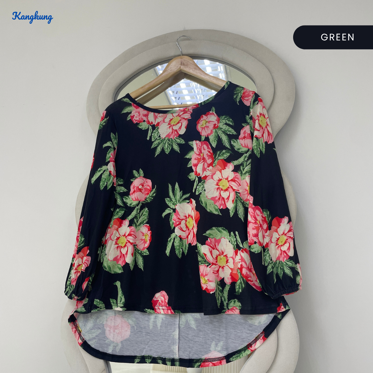 KANGKUNG ZAINAB FLORAL PRINT BALLOON SLEEVE LONG TOP - Q019