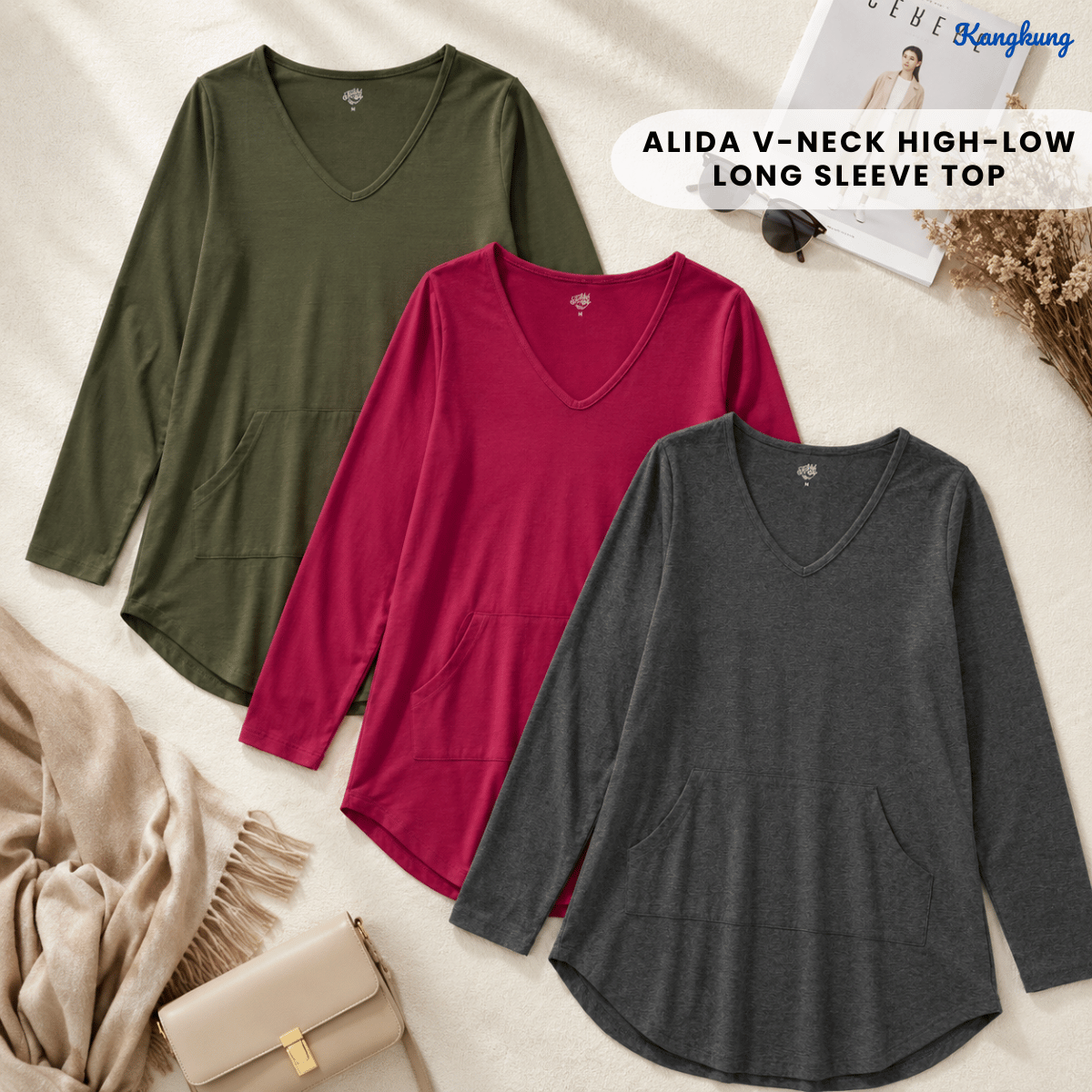 KANGKUNG ALIDA V-NECK HIGH-LOW LONG SLEEVE TOP - Q020(#182)
