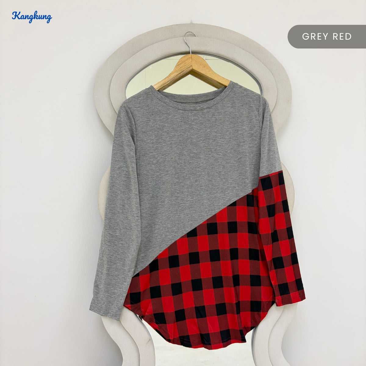 KANGKUNG ADENA PLAID PANEL ASYMMETRIC LONG SLEEVE TOP - Q023