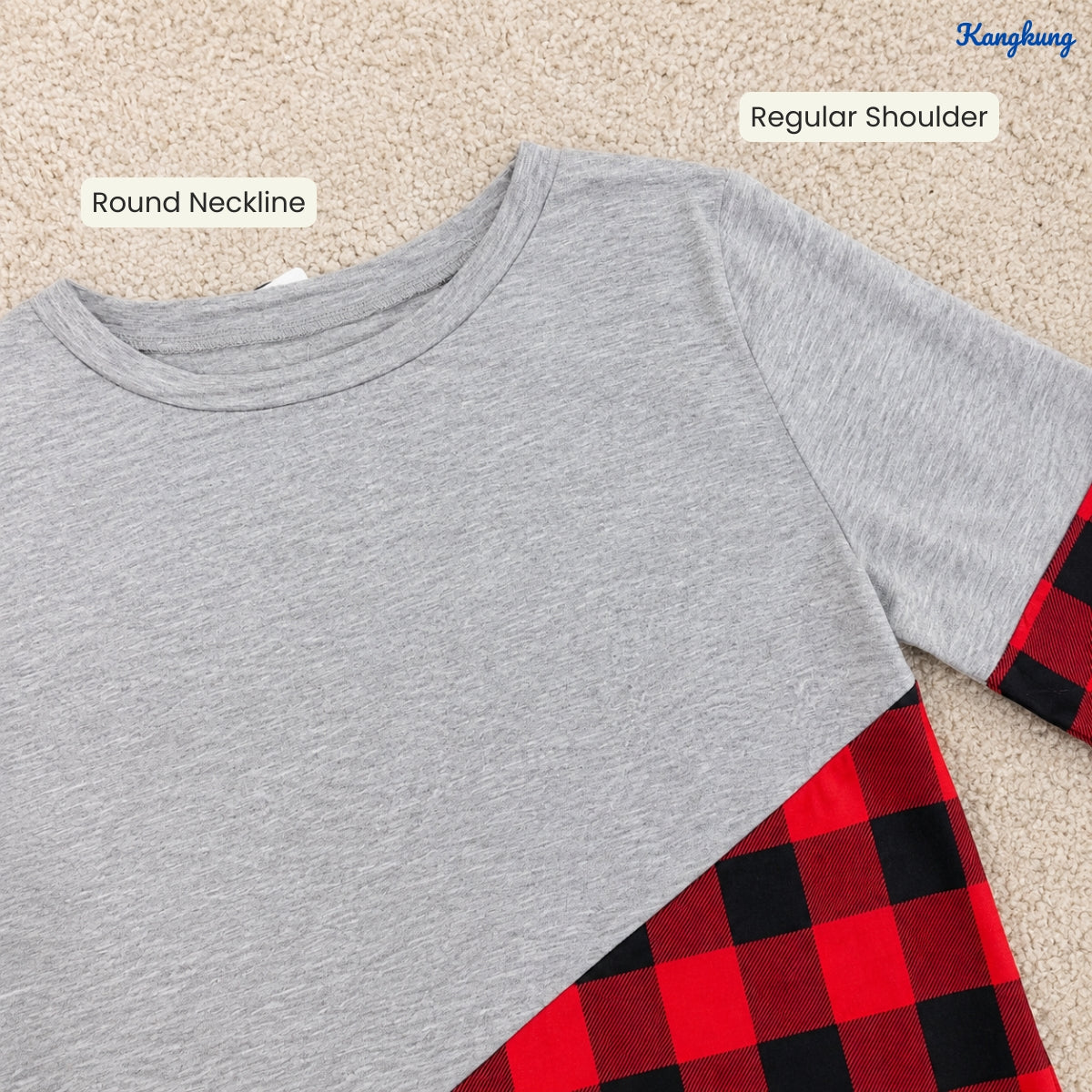 KANGKUNG ADENA PLAID PANEL ASYMMETRIC LONG SLEEVE TOP - Q023
