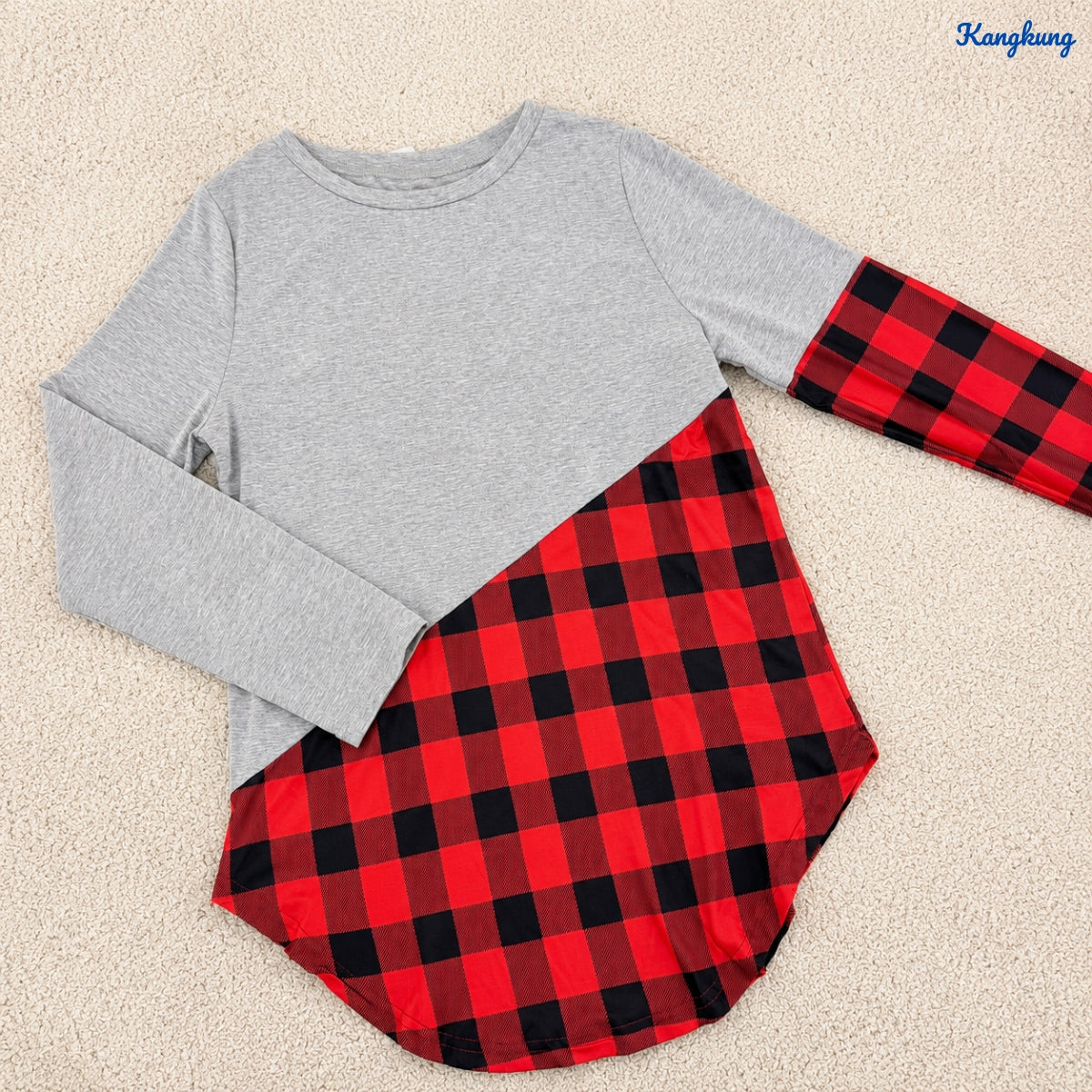 KANGKUNG ADENA PLAID PANEL ASYMMETRIC LONG SLEEVE TOP - Q023