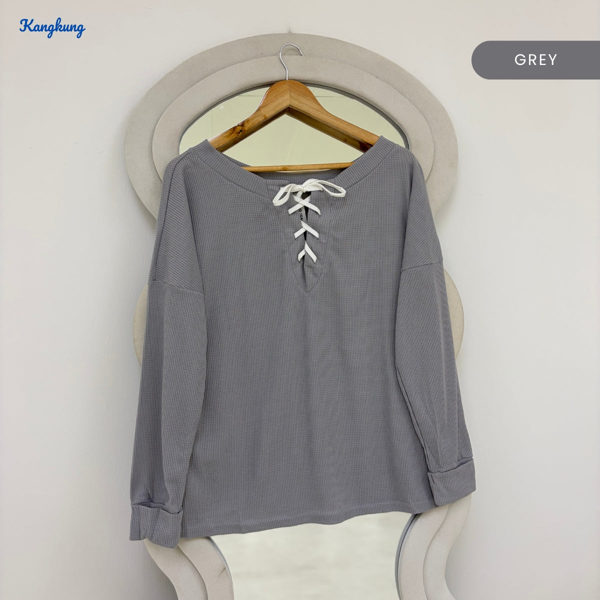 KANGKUNG GRETA LACE-UP NECK TEXTURED SLEEVE LONG TOP - Q024
