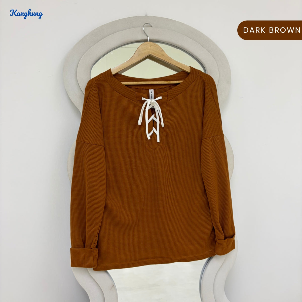 KANGKUNG GRETA LACE-UP NECK TEXTURED SLEEVE LONG TOP - Q024