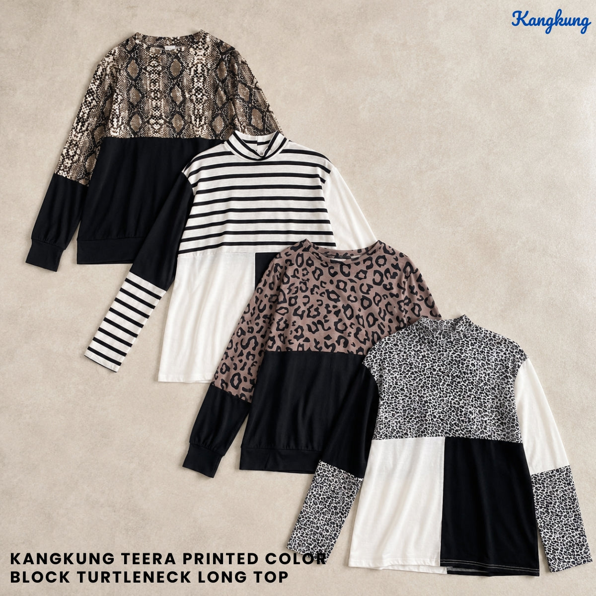 KANGKUNG TEERA PRINTED COLOR BLOCK TURTLENECK LONG TOP - Q026