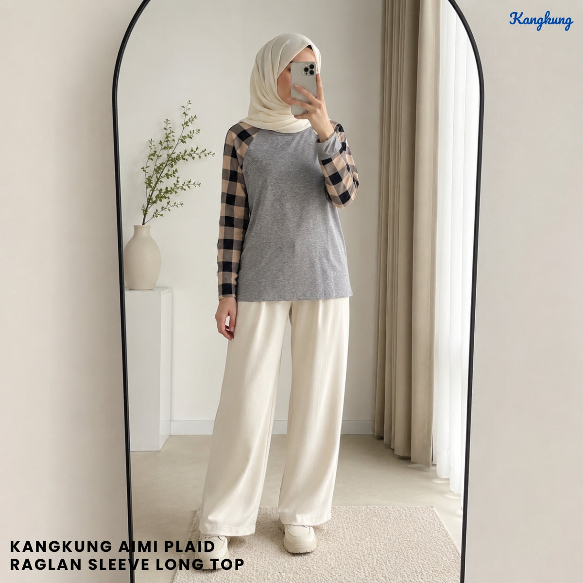 KANGKUNG AIMI PLAID RAGLAN SLEEVE LONG TOP - Q027