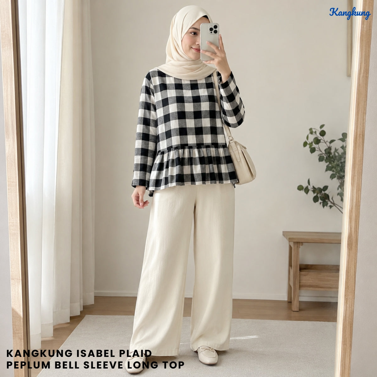 KANGKUNG ISABEL PLAID PEPLUM BELL SLEEVE LONG TOP - Q029