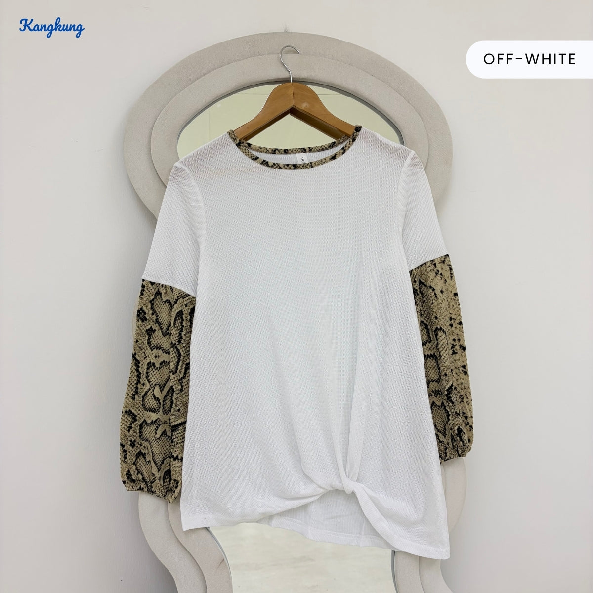 KANGKUNG SYLVIA SNAKE PRINT SLEEVE KNOT FRONT LONG TOP - Q031