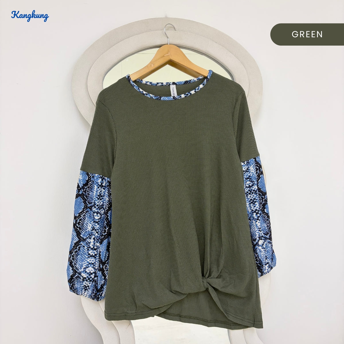 KANGKUNG SYLVIA SNAKE PRINT SLEEVE KNOT FRONT LONG TOP - Q031
