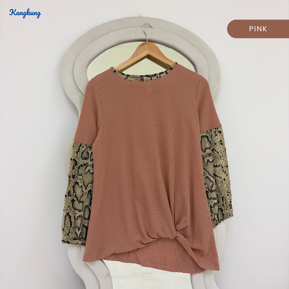 KANGKUNG SYLVIA SNAKE PRINT SLEEVE KNOT FRONT LONG TOP - Q031