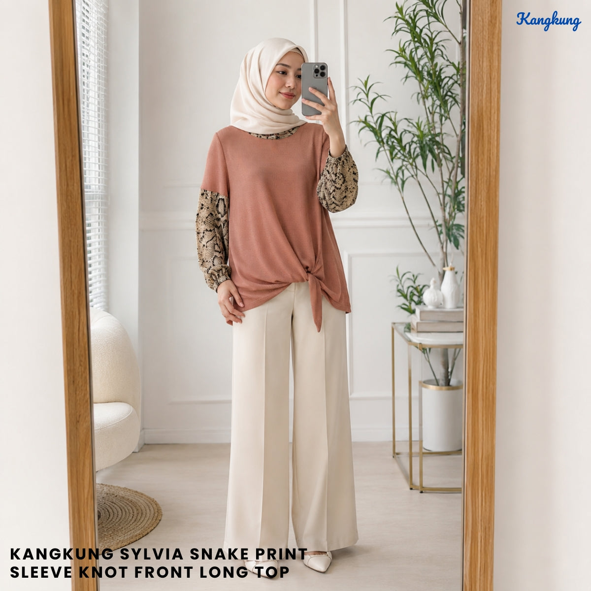KANGKUNG SYLVIA SNAKE PRINT SLEEVE KNOT FRONT LONG TOP - Q031
