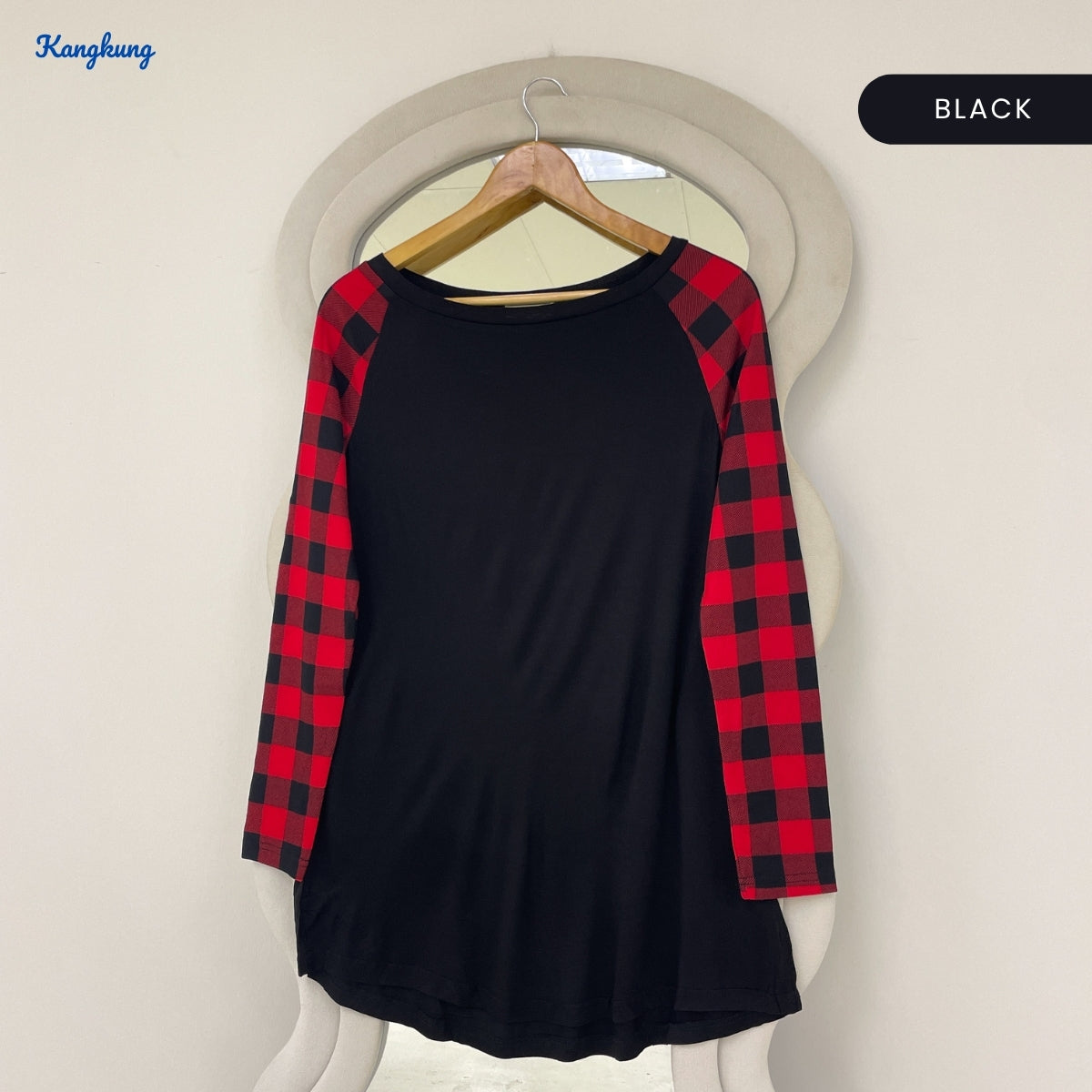 KANGKUNG BENNY PLAID RAGLAN SLEEVE LONG TOP - Q035