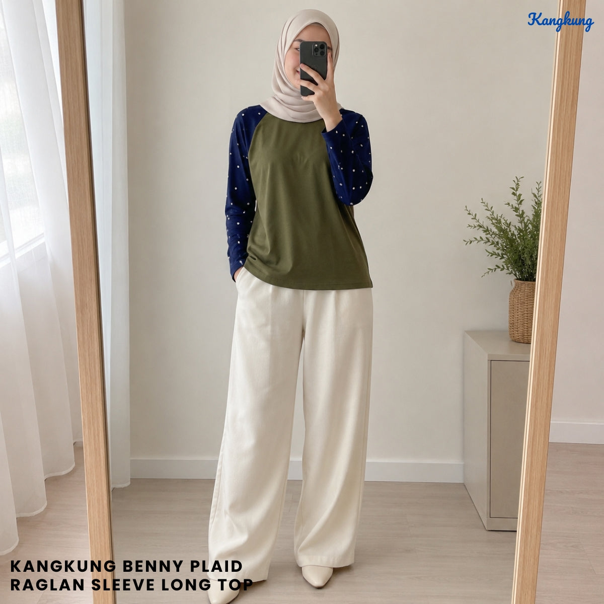 KANGKUNG BENNY PLAID RAGLAN SLEEVE LONG TOP - Q035