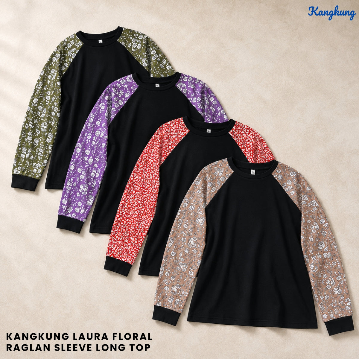 KANGKUNG LAURA FLORAL RAGLAN SLEEVE LONG TOP - Q039