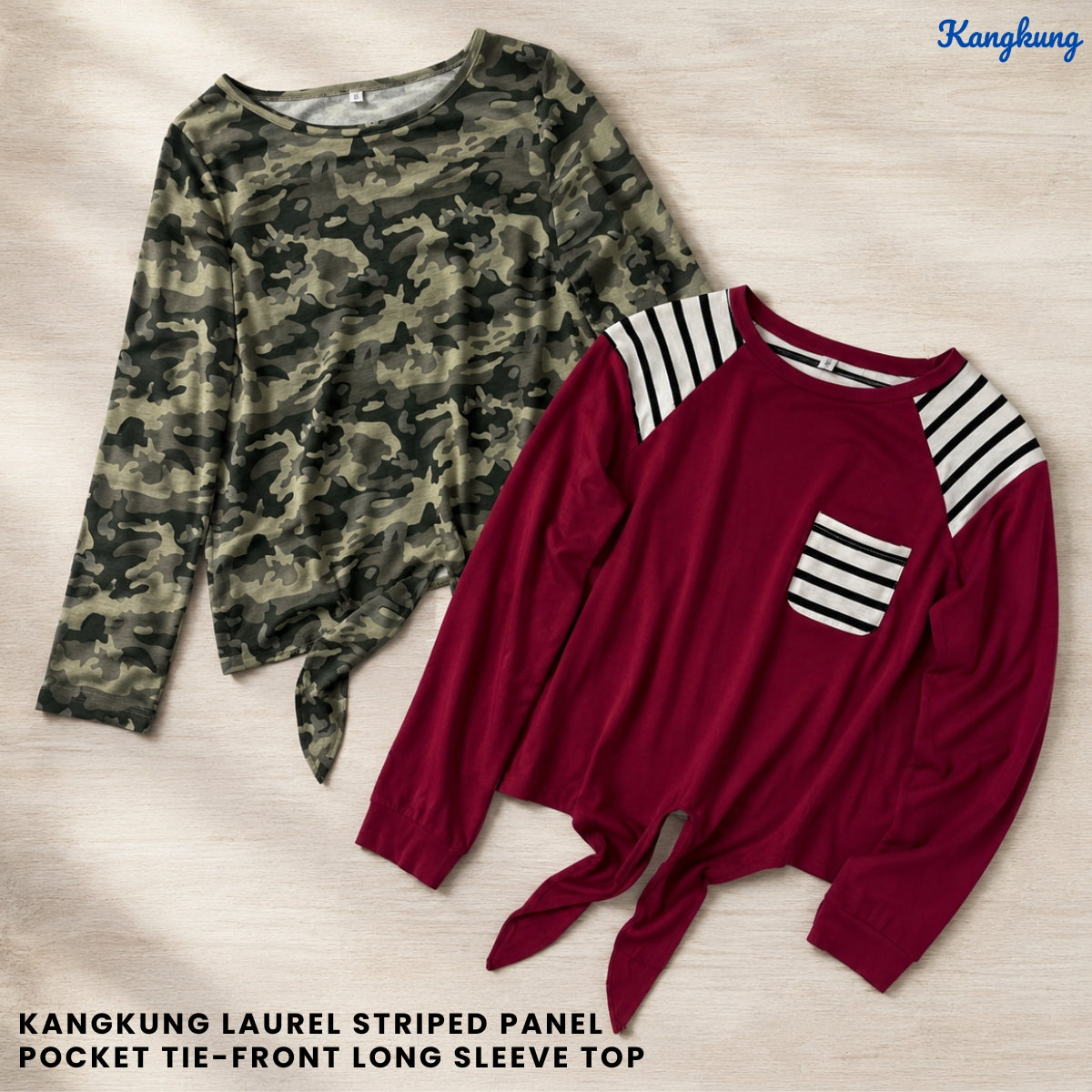 KANGKUNG LAUREL STRIPED PANEL POCKET TIE-FRONT LONG SLEEVE TOP - Q040