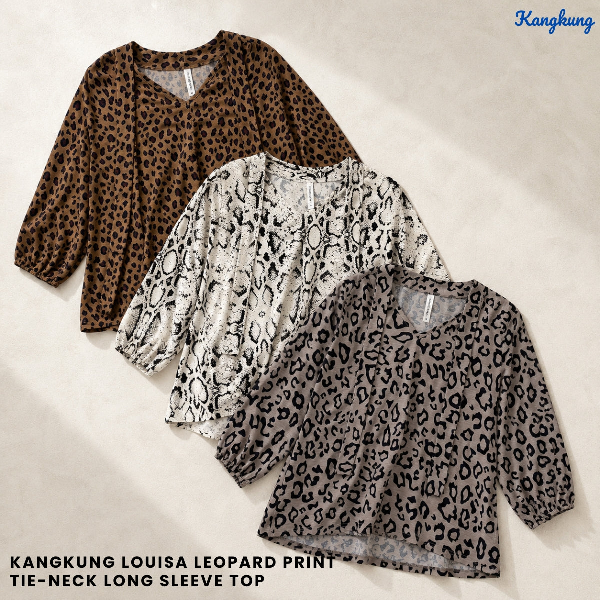 KANGKUNG LOUISA LEOPARD PRINT TIE-NECK LONG SLEEVE TOP - Q041