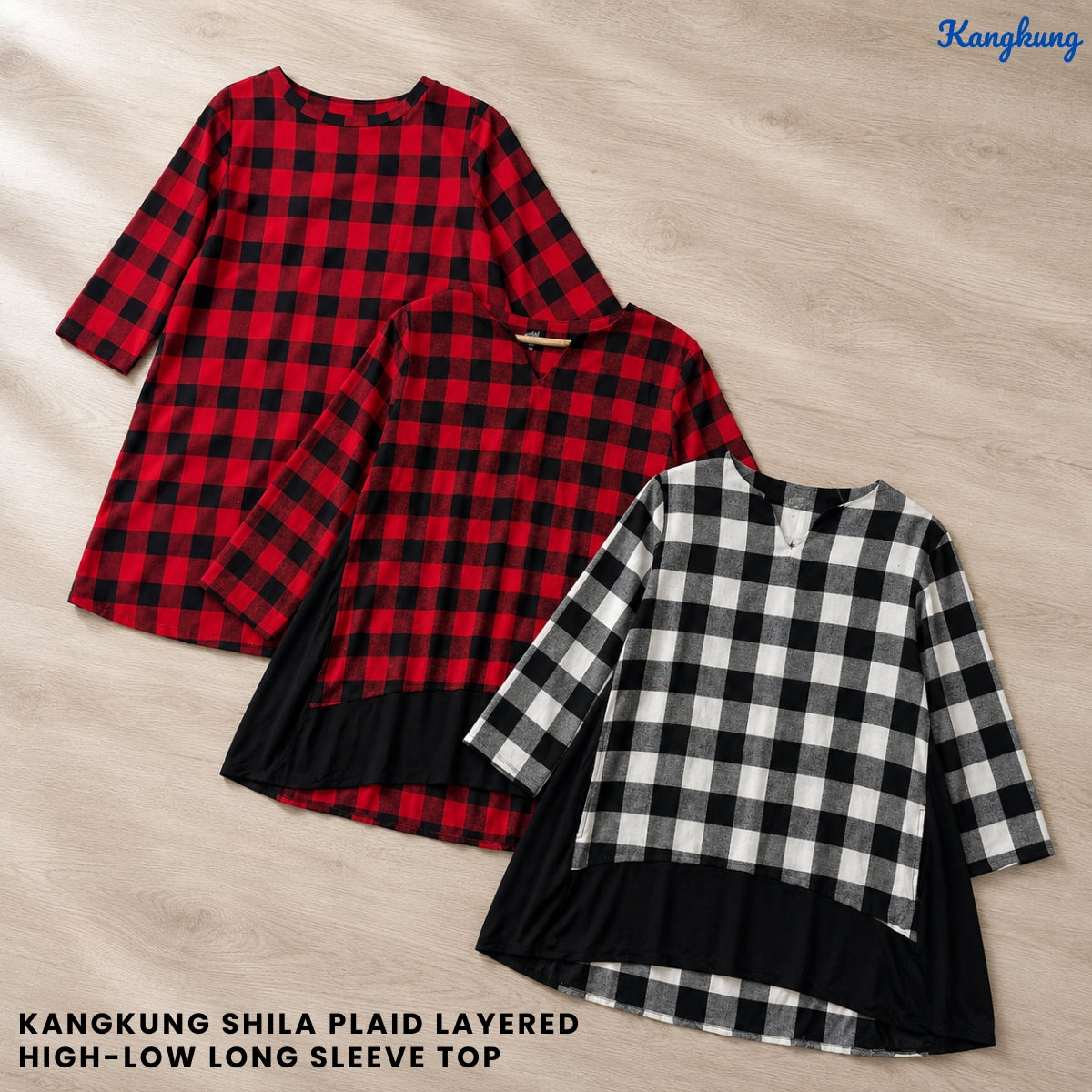 KANGKUNG SHILA PLAID LAYERED HIGH-LOW LONG SLEEVE TOP - Q042