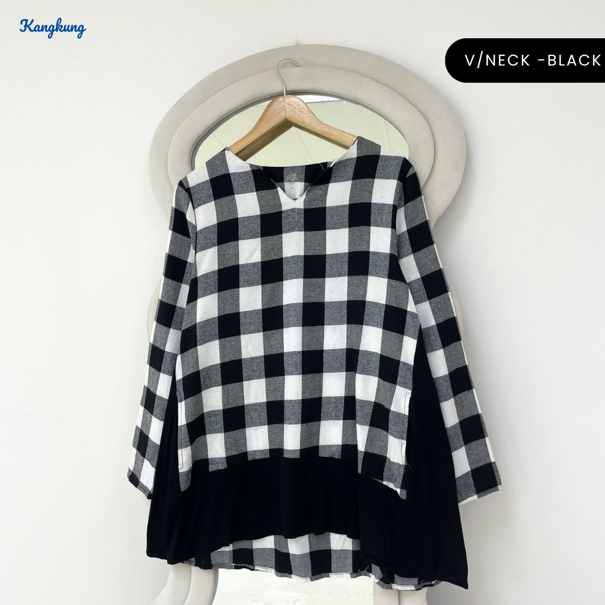 KANGKUNG SHILA PLAID LAYERED HIGH-LOW LONG SLEEVE TOP - Q042