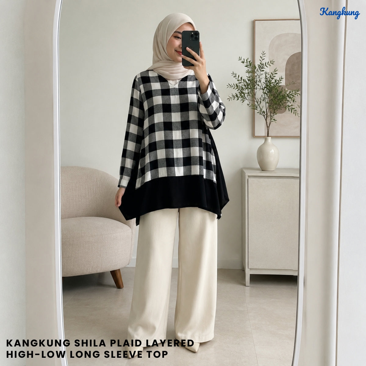 KANGKUNG SHILA PLAID LAYERED HIGH-LOW LONG SLEEVE TOP - Q042