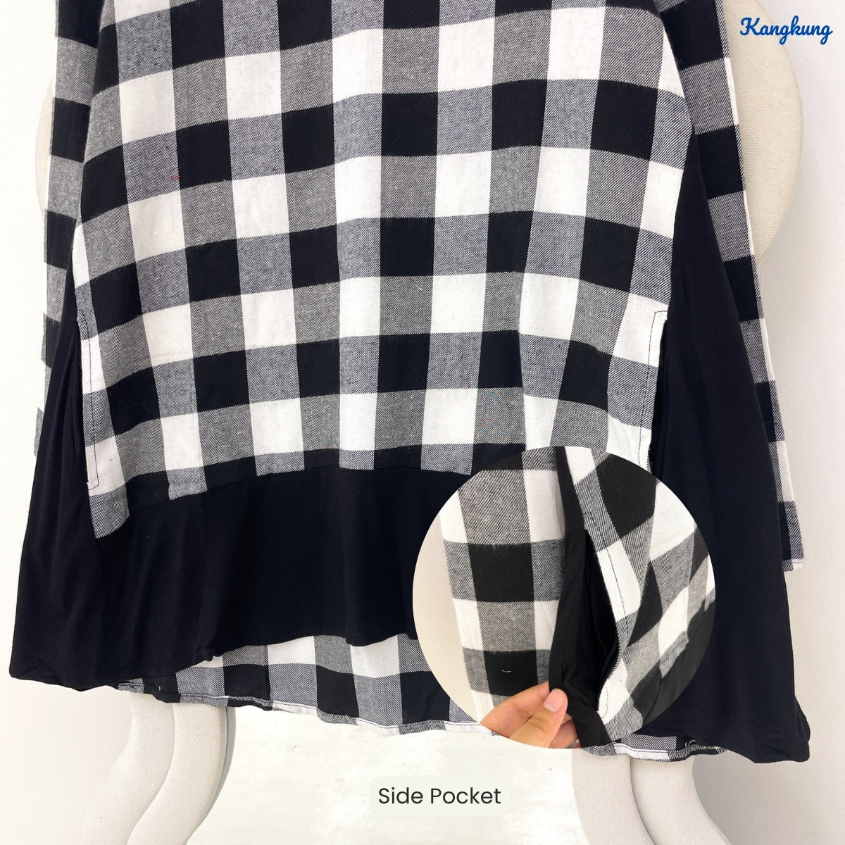 KANGKUNG SHILA PLAID LAYERED HIGH-LOW LONG SLEEVE TOP - Q042