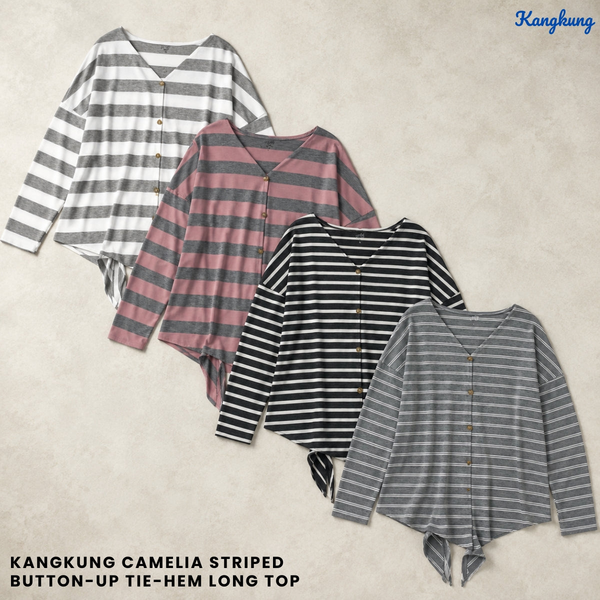 KANGKUNG CAMELIA STRIPED BUTTON-UP TIE-HEM LONG TOP - Q044