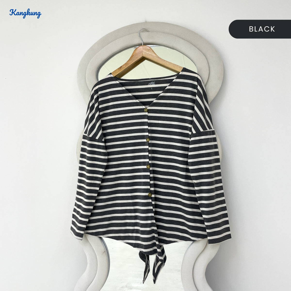 KANGKUNG CAMELIA STRIPED BUTTON-UP TIE-HEM LONG TOP - Q044
