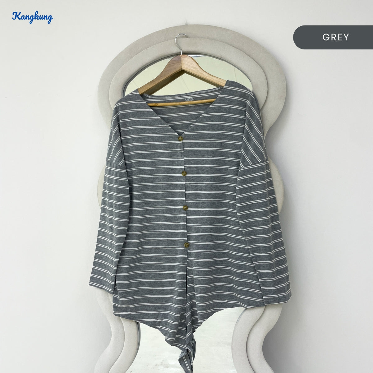 KANGKUNG CAMELIA STRIPED BUTTON-UP TIE-HEM LONG TOP - Q044