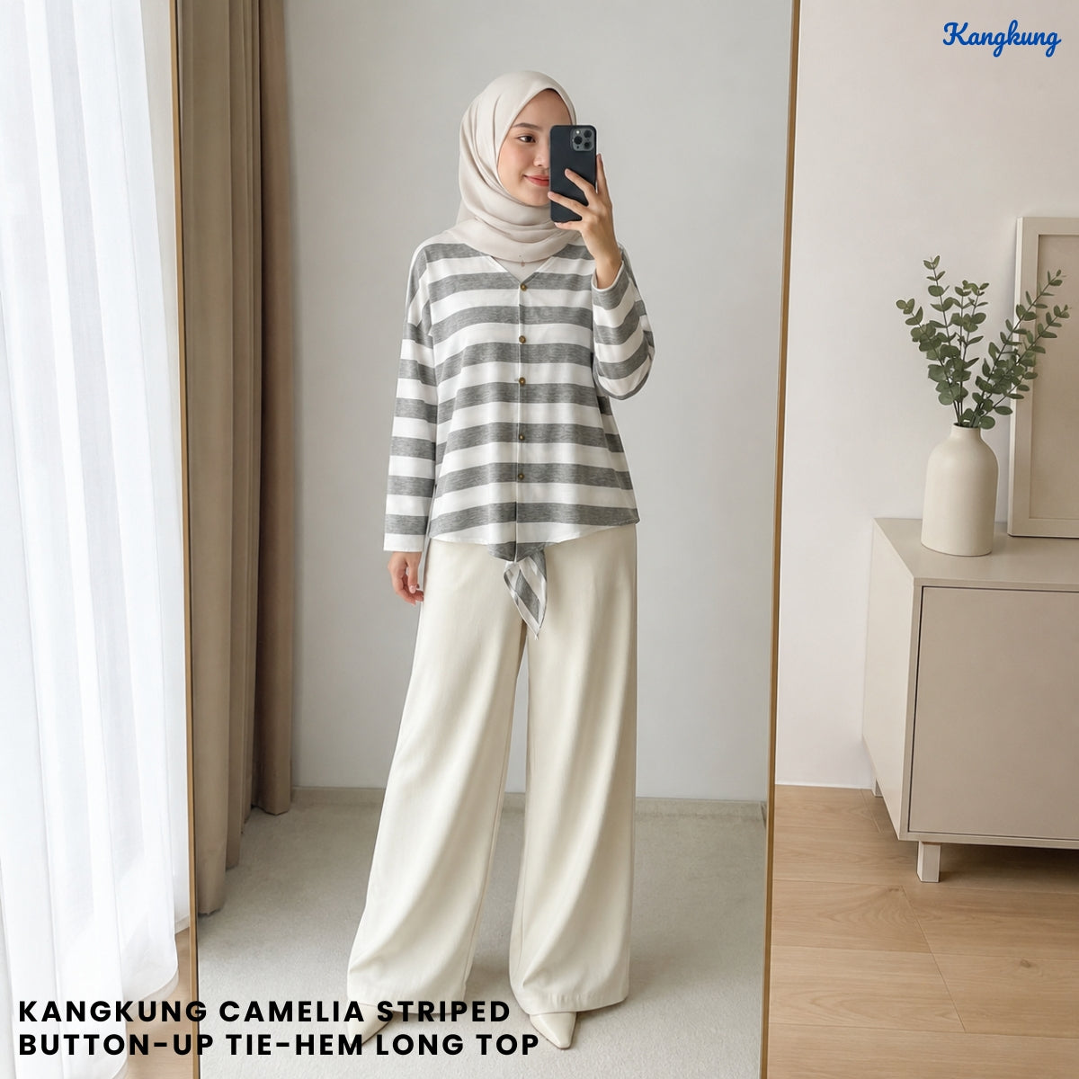 KANGKUNG CAMELIA STRIPED BUTTON-UP TIE-HEM LONG TOP - Q044
