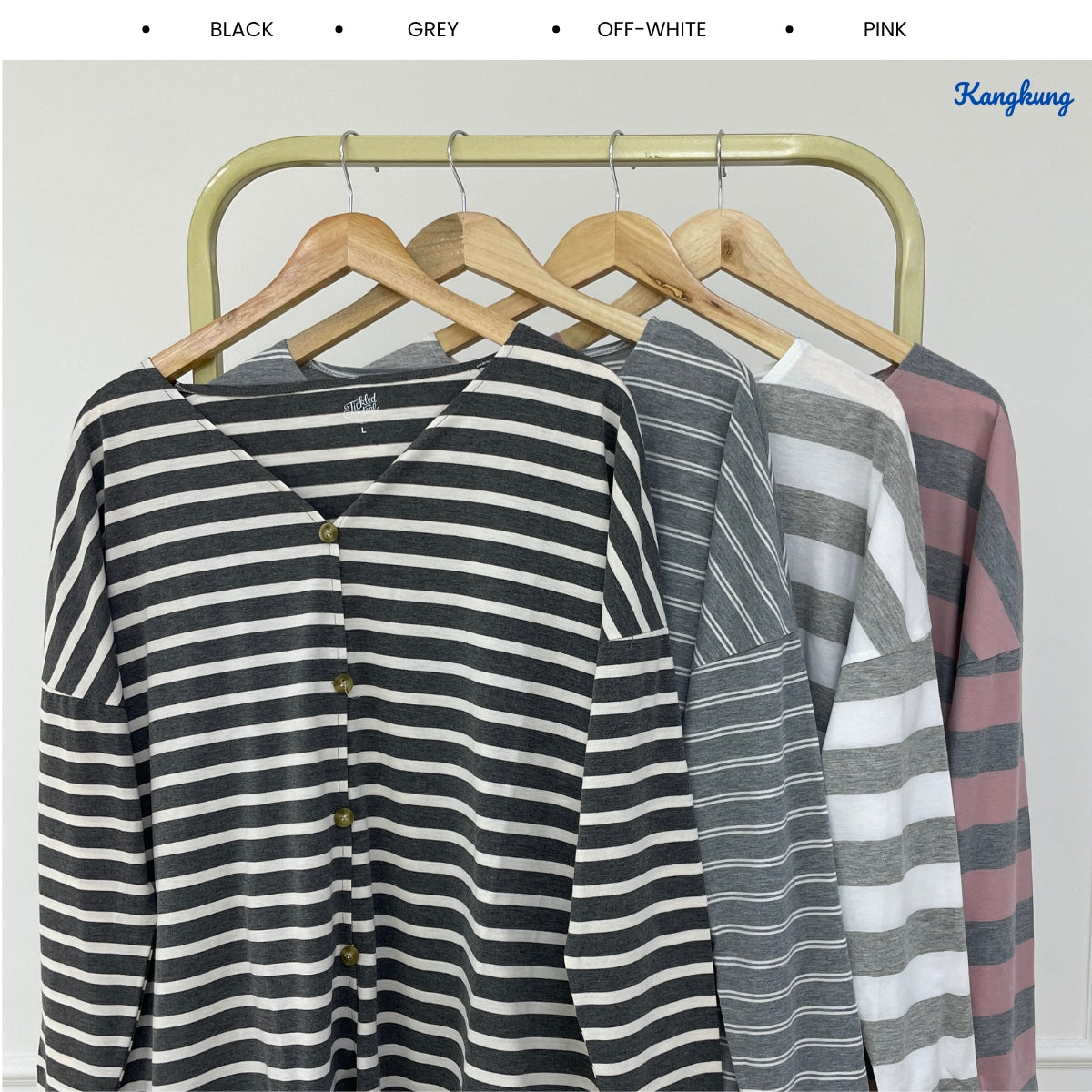 KANGKUNG CAMELIA STRIPED BUTTON-UP TIE-HEM LONG TOP - Q044
