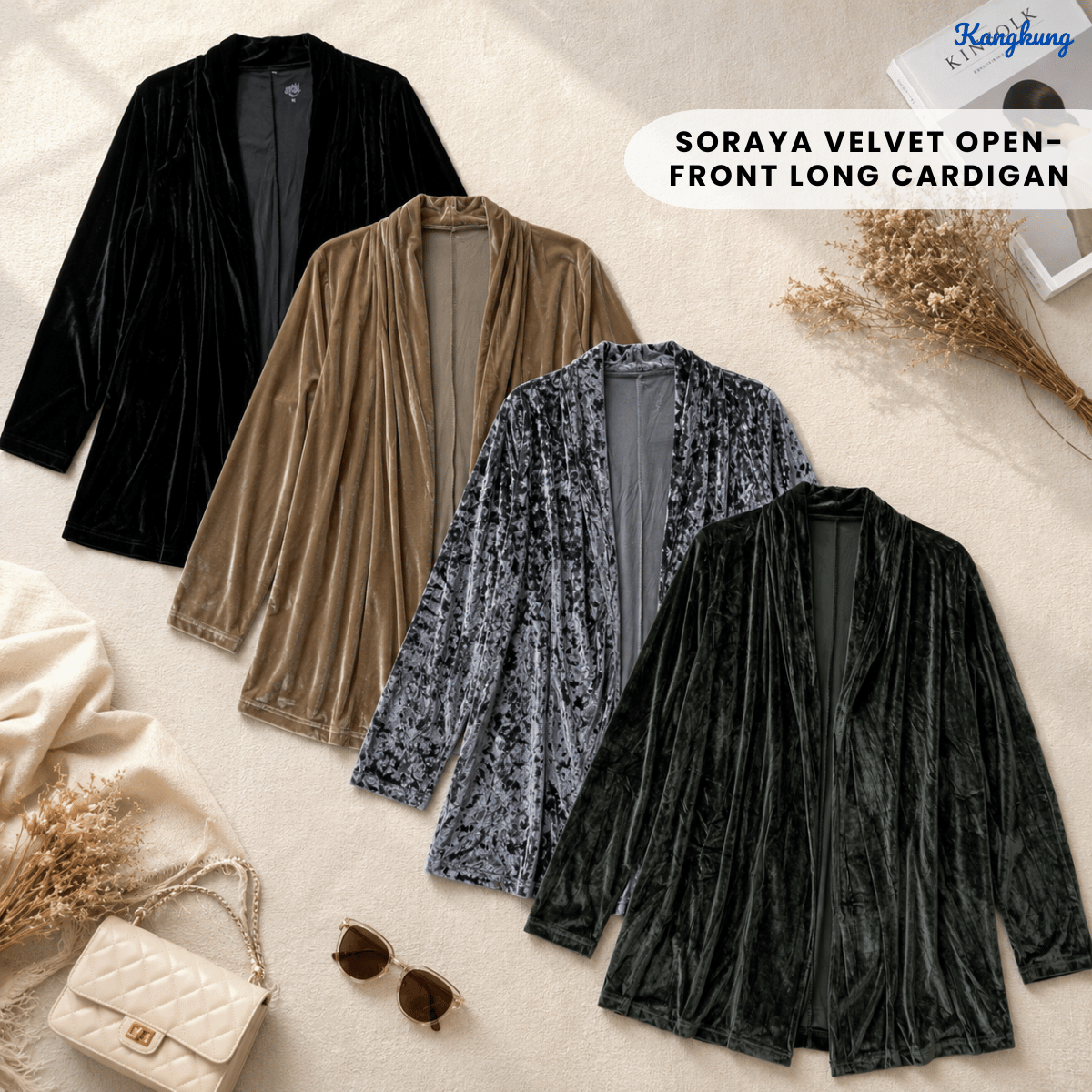 KANGKUNG SORAYA VELVET OPEN-FRONT LONG CARDIGAN - Q047(#065)
