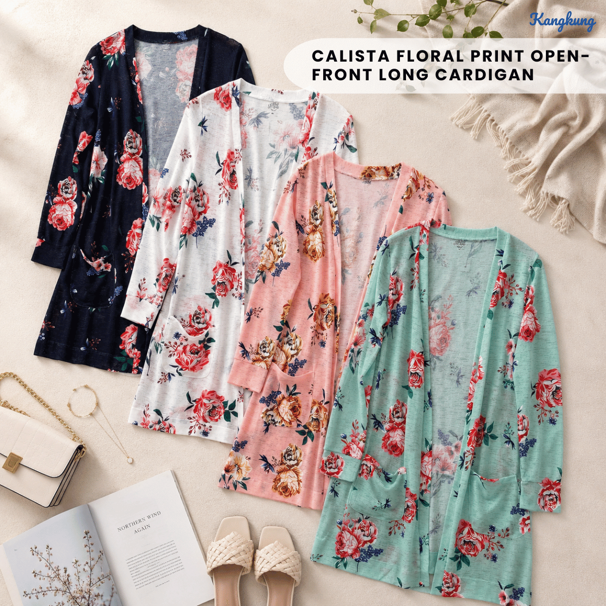 KANGKUNG CALISTA FLORAL PRINT OPEN-FRONT LONG CARDIGAN - Q051(#136)