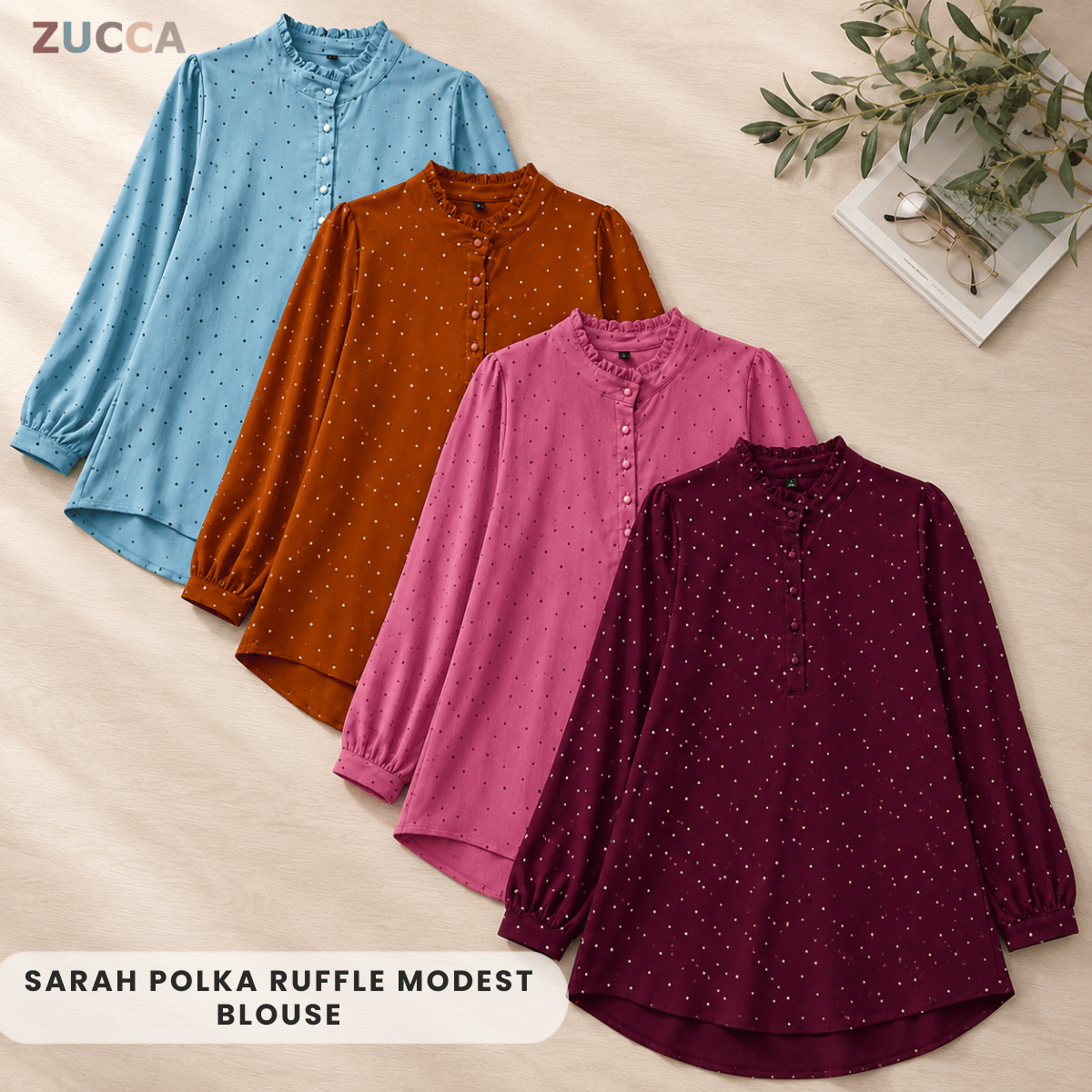 ZUCCA SARAH POLKA RUFFLE MODEST BLOUSE-ZW002