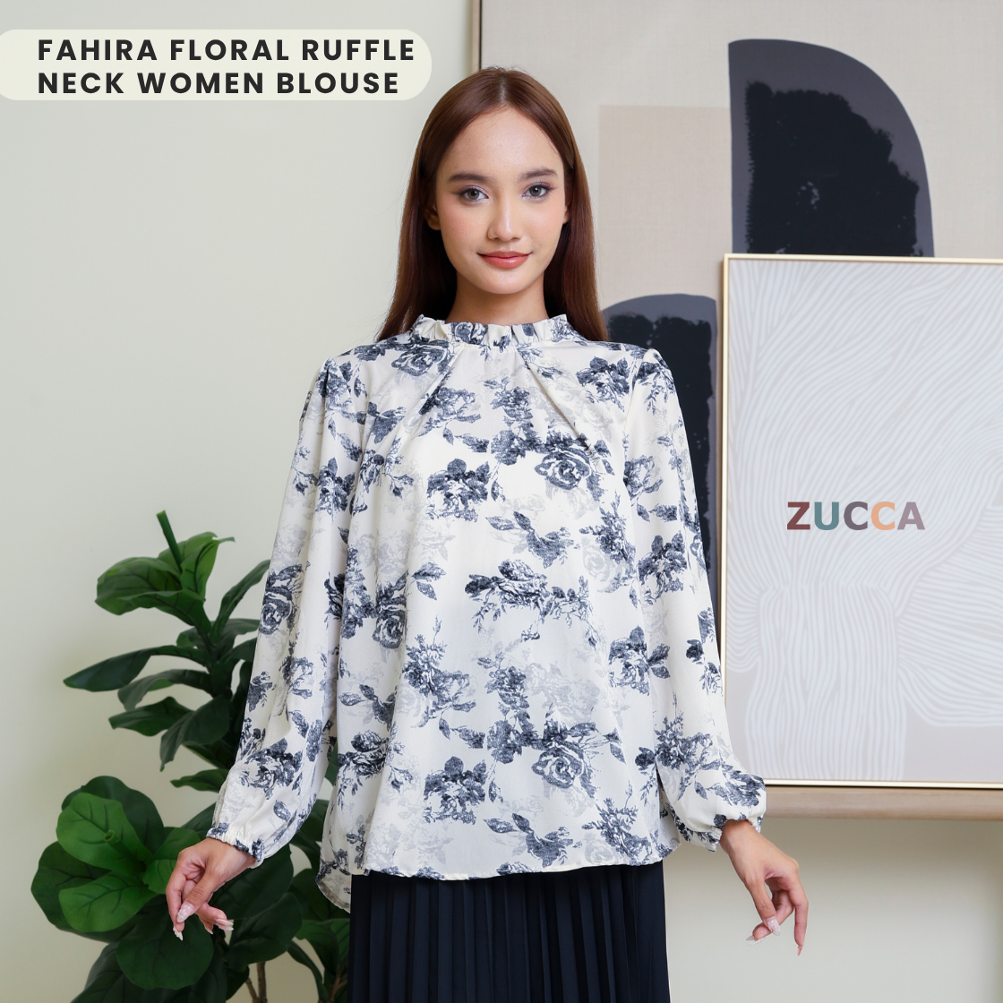 ZUCCA FAHIRA FLORAL RUFFLE NECK WOMEN BLOUSE - DM114 BAJU WANITA Cotton Button Long Sleeve Sleeve Muslimah