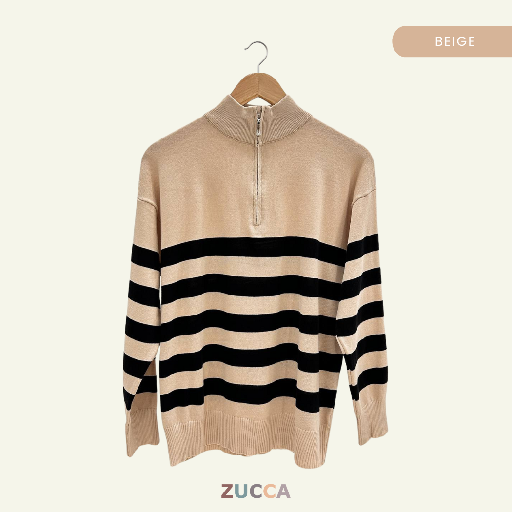 Ivana Striped High Neck Sweatshirt Half-Zipper - DM115