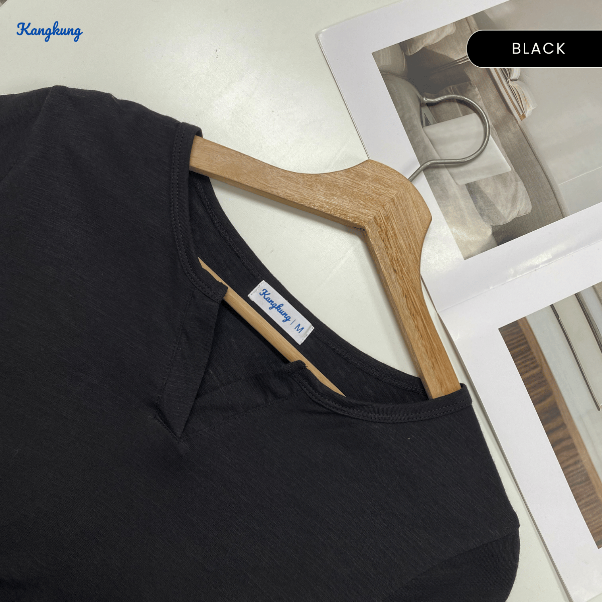 KANGKUNG IKINA KEMEJA KASUAL LEHER V-BULAT - KK120 BAJU WANITA