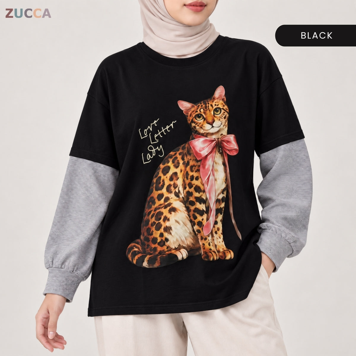 ZUCCA AULIA OVERSIZED LAYERED CAT GRAPHIC LONG SLEEVE TEE - MA255