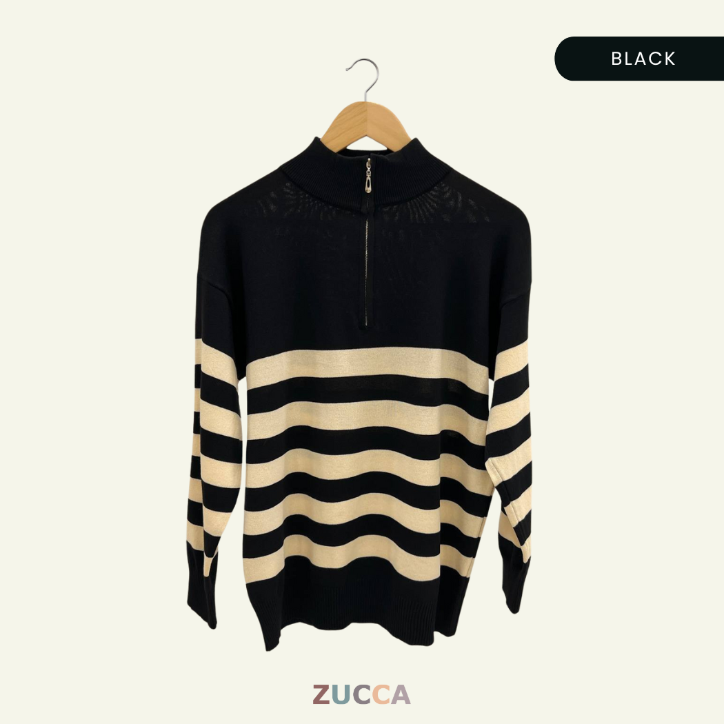 Ivana Striped High Neck Sweatshirt Half-Zipper - DM115