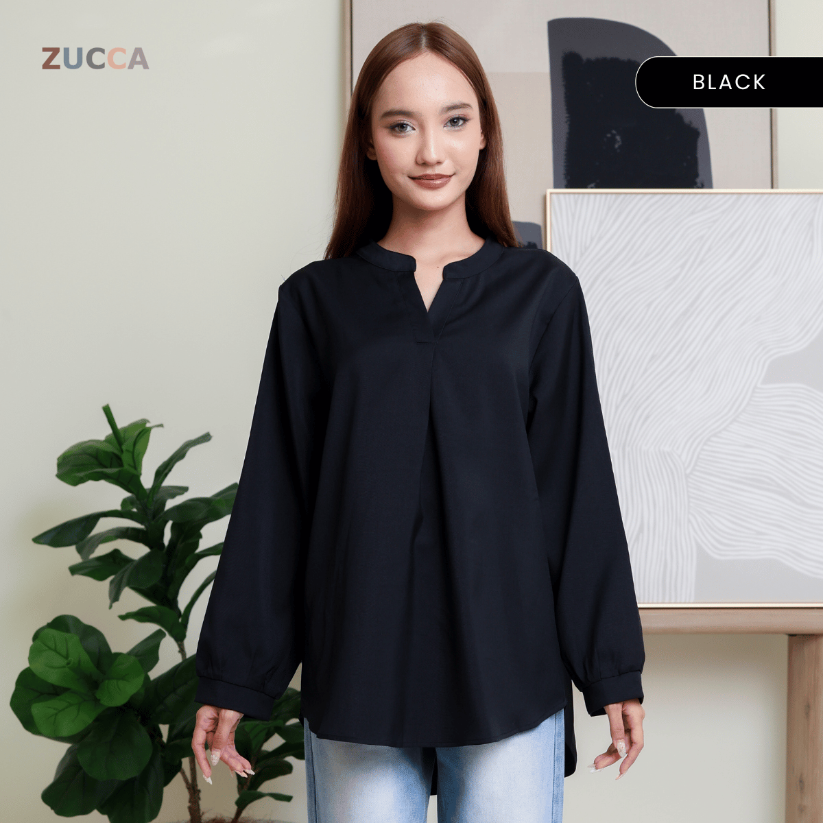 ZUCCA ANDRA KEMEJA KASUAL WANITA LEHER V TANPA CORAK - DM247