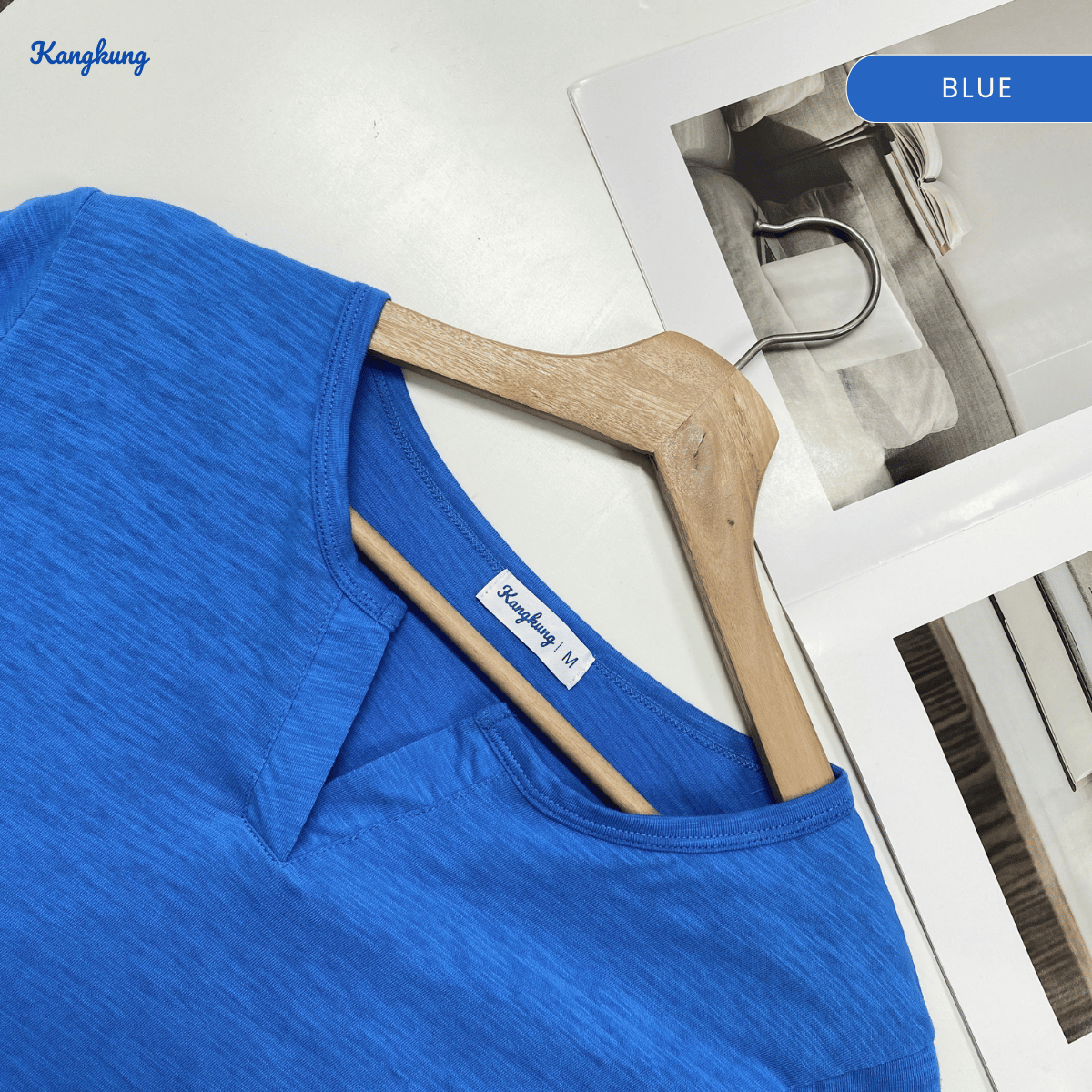 KANGKUNG IKINA KEMEJA KASUAL LEHER V-BULAT - KK120 BAJU WANITA