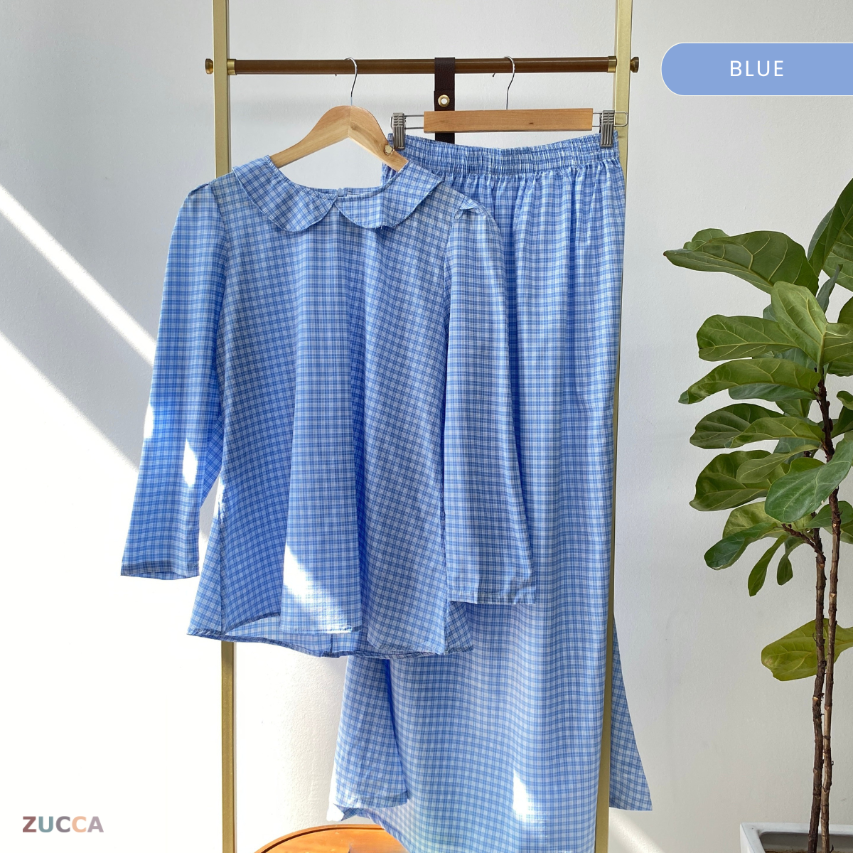 ZUCCA MARGARITA MODEST PLAID TWO-PIECE SET BLOUSE AND SKIRT - DMSET006