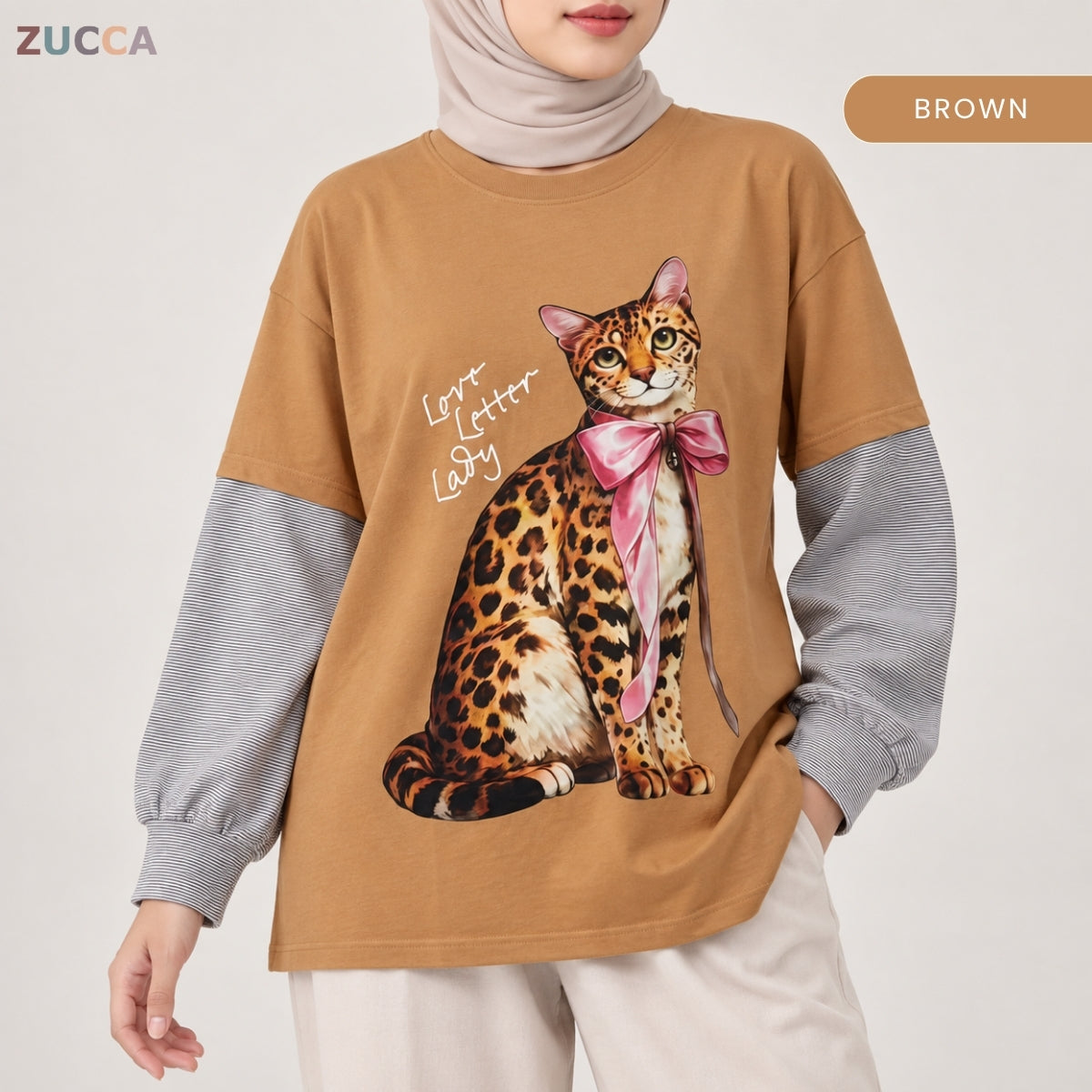 ZUCCA AULIA OVERSIZED LAYERED CAT GRAPHIC LONG SLEEVE TEE - MA255