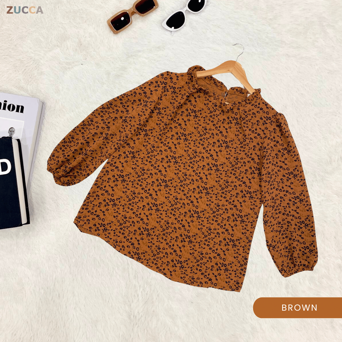 ZUCCA YULINA BLOUS WANITA BERCORAK FLORAL BERSERTA LEHER BERTINGKAT – DM094