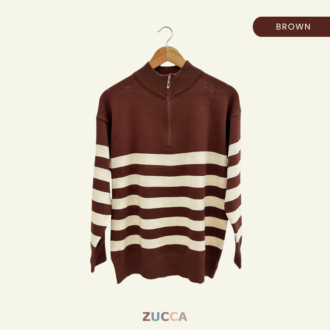 Ivana Striped High Neck Sweatshirt Half-Zipper - DM115