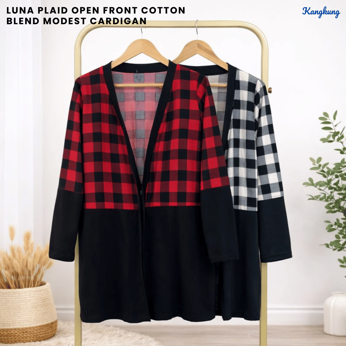 KANGKUNG LUNA PLAID OPEN FRONT COTTON BLEND MODEST CARDIGAN - C1011 (246)