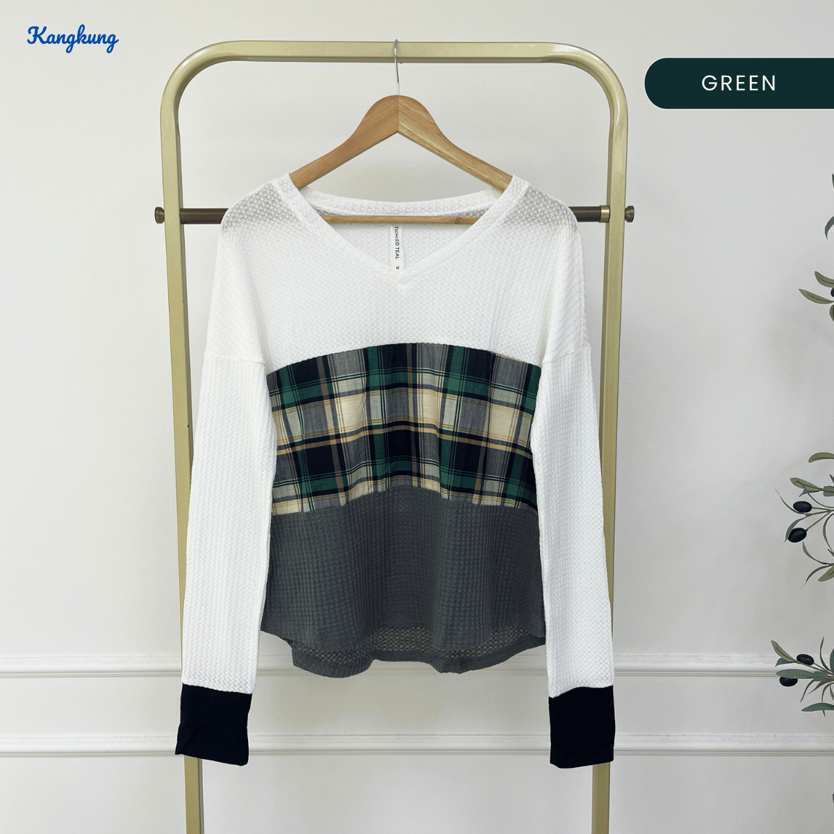 KANGKUNG AMARA CHECKERED CONTRAST KNIT LONG SLEEVE TOP - C1010 (256)