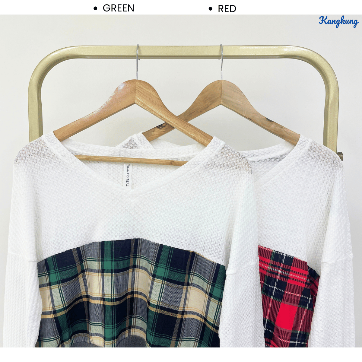 KANGKUNG AMARA CHECKERED CONTRAST KNIT LONG SLEEVE TOP - C1010 (256)