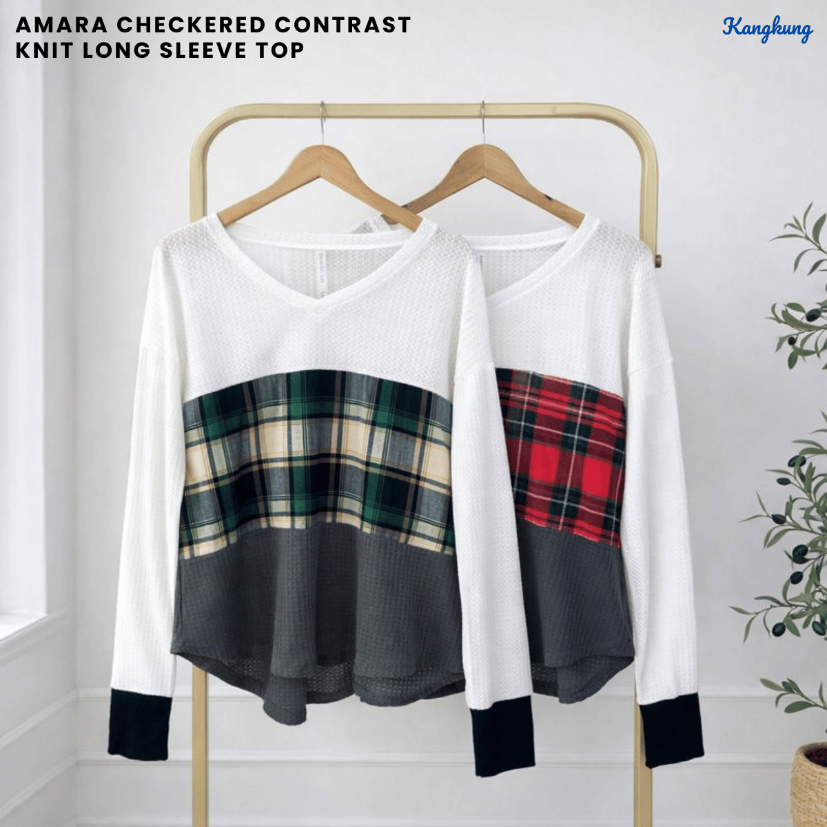 KANGKUNG AMARA CHECKERED CONTRAST KNIT LONG SLEEVE TOP - C1010 (256)