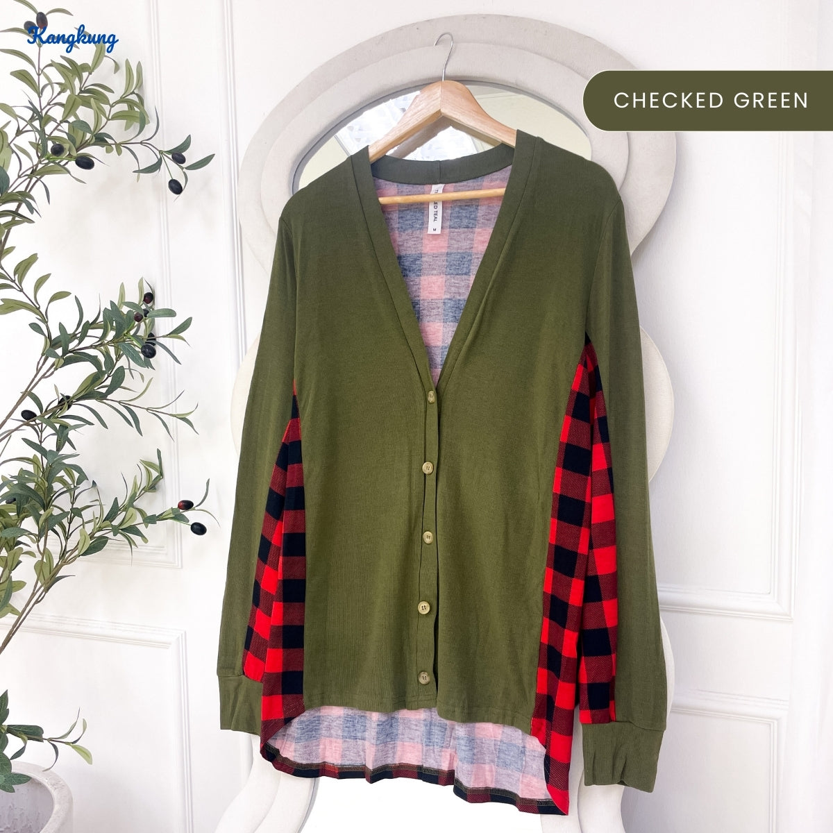 KANGKUNG LUMIRA KASUAL WOMEN V-NECK CARDIGAN WITH PLAID CONTRAST -C1022 (335)