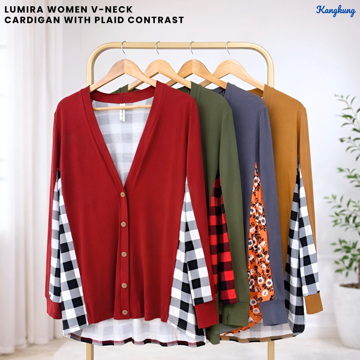 KANGKUNG LUMIRA KASUAL WOMEN V-NECK CARDIGAN WITH PLAID CONTRAST -C1022 (335)